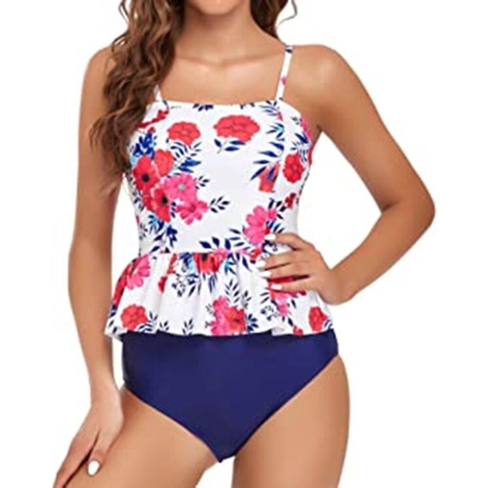 Floral Peplum Tankini Bikini Set - White & Navy